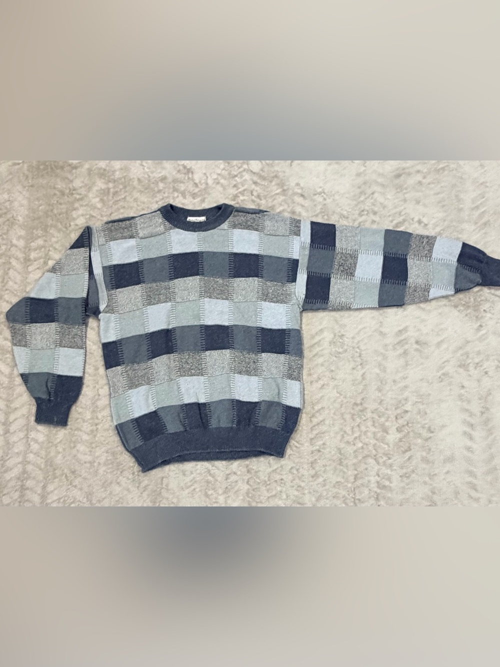 Norm Thompson Made In Italy Vintage Patchwork Crewneck Sweater Blue Gray L